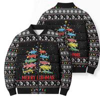 Merry Fishmas Bomber Puffer Jacket Fishing Christmas Tree Lights - Wonder Print Shop