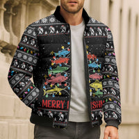 Merry Fishmas Bomber Puffer Jacket Fishing Christmas Tree Lights - Wonder Print Shop