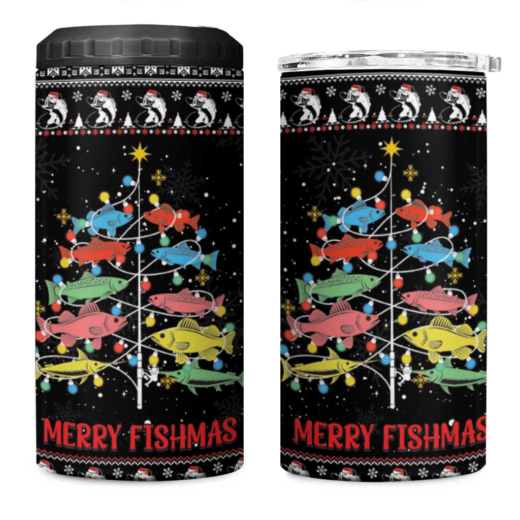 Merry Fishmas 4 in 1 Can Cooler Tumbler Fishing Christmas Tree Lights - Wonder Print Shop