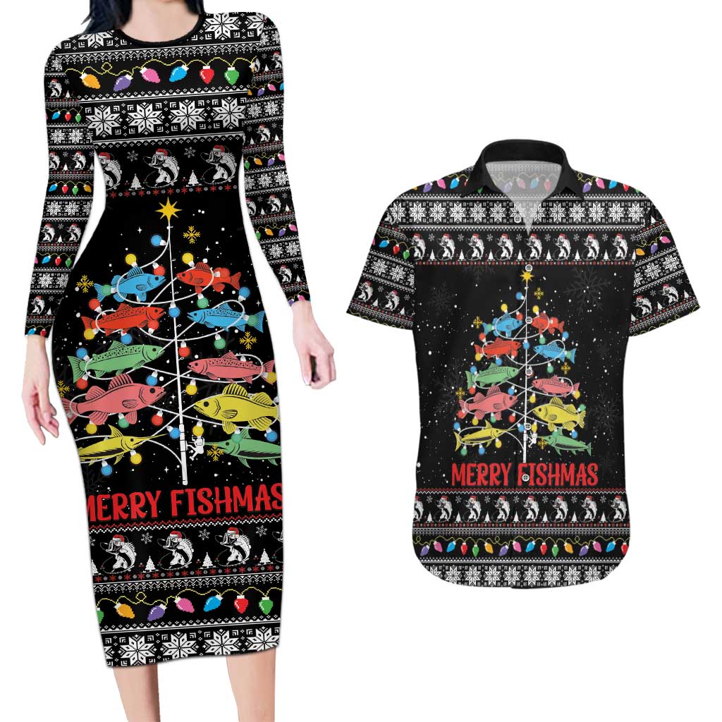 Merry Fishmas Couples Matching Long Sleeve Bodycon Dress and Hawaiian Shirt Fishing Christmas Tree Lights - Wonder Print Shop