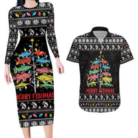 Merry Fishmas Couples Matching Long Sleeve Bodycon Dress and Hawaiian Shirt Fishing Christmas Tree Lights - Wonder Print Shop