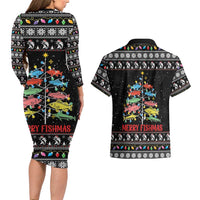Merry Fishmas Couples Matching Long Sleeve Bodycon Dress and Hawaiian Shirt Fishing Christmas Tree Lights - Wonder Print Shop
