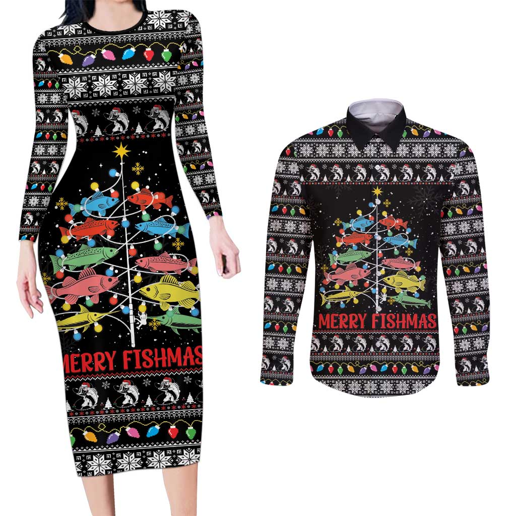 Merry Fishmas Couples Matching Long Sleeve Bodycon Dress and Long Sleeve Button Shirt Fishing Christmas Tree Lights - Wonder Print Shop