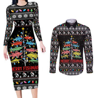 Merry Fishmas Couples Matching Long Sleeve Bodycon Dress and Long Sleeve Button Shirt Fishing Christmas Tree Lights - Wonder Print Shop