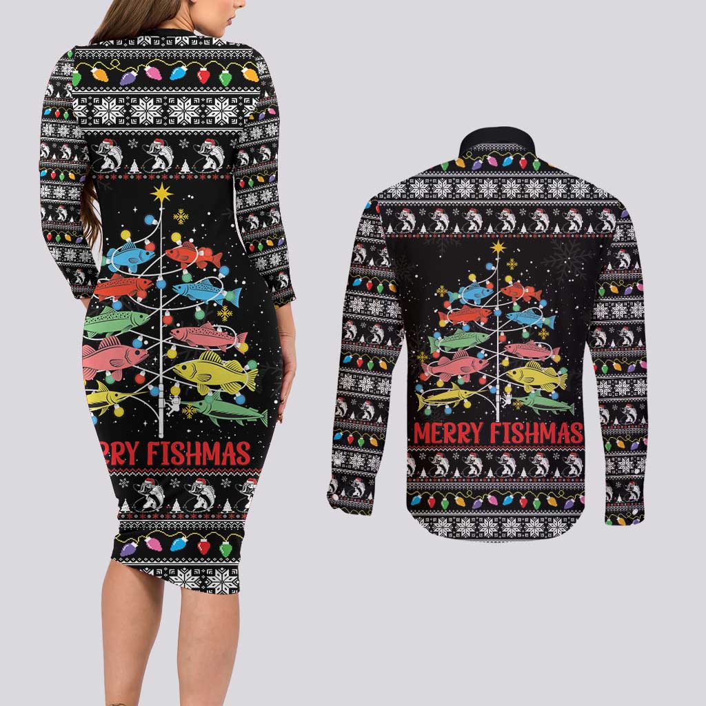 Merry Fishmas Couples Matching Long Sleeve Bodycon Dress and Long Sleeve Button Shirt Fishing Christmas Tree Lights - Wonder Print Shop