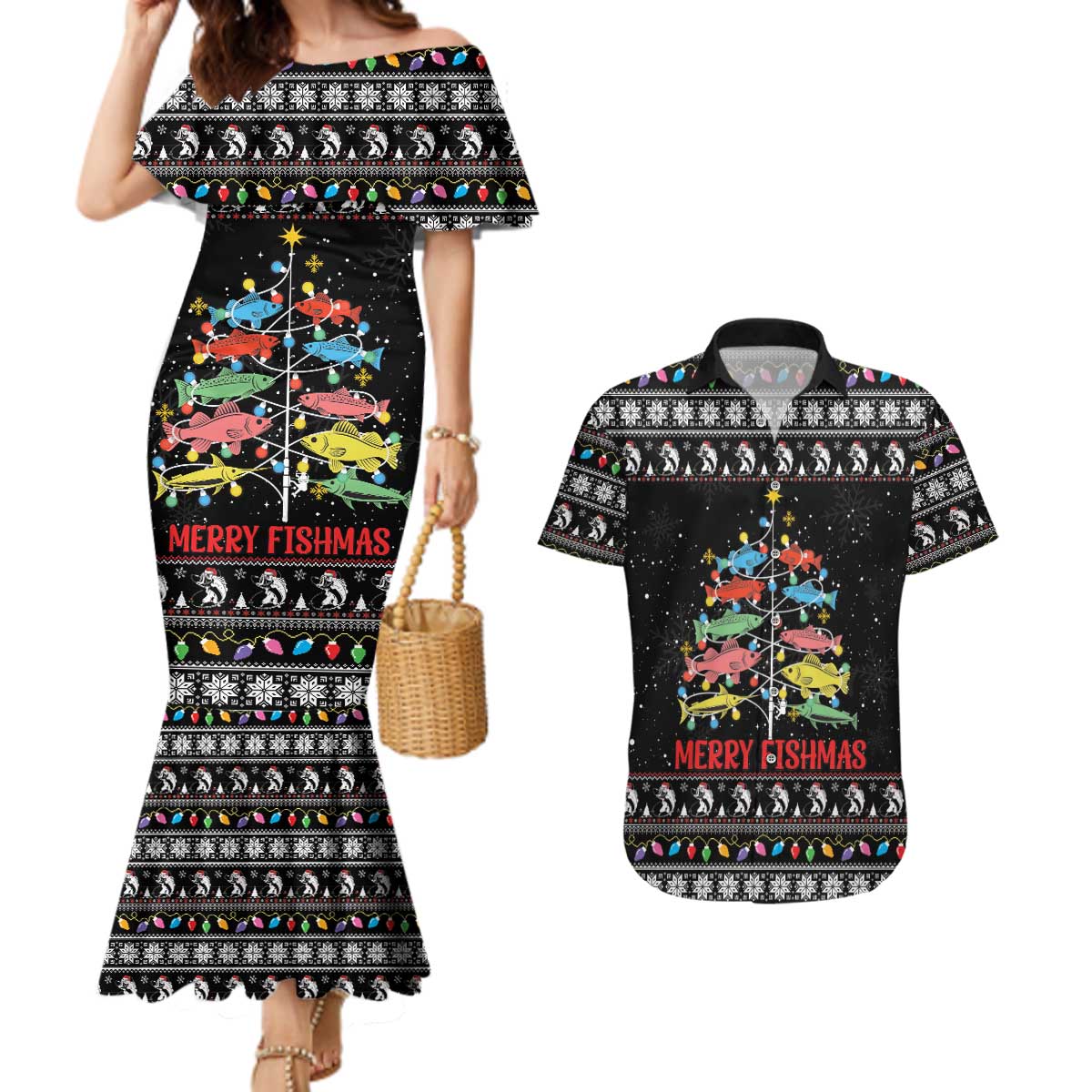 Merry Fishmas Couples Matching Mermaid Dress and Hawaiian Shirt Fishing Christmas Tree Lights - Wonder Print Shop