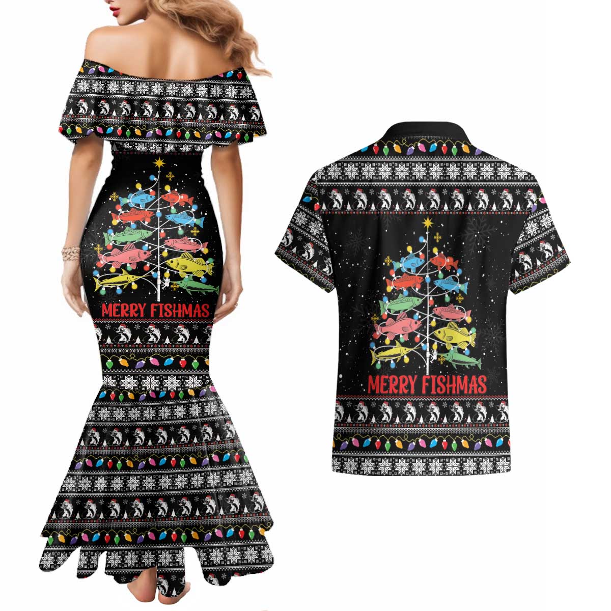 Merry Fishmas Couples Matching Mermaid Dress and Hawaiian Shirt Fishing Christmas Tree Lights - Wonder Print Shop