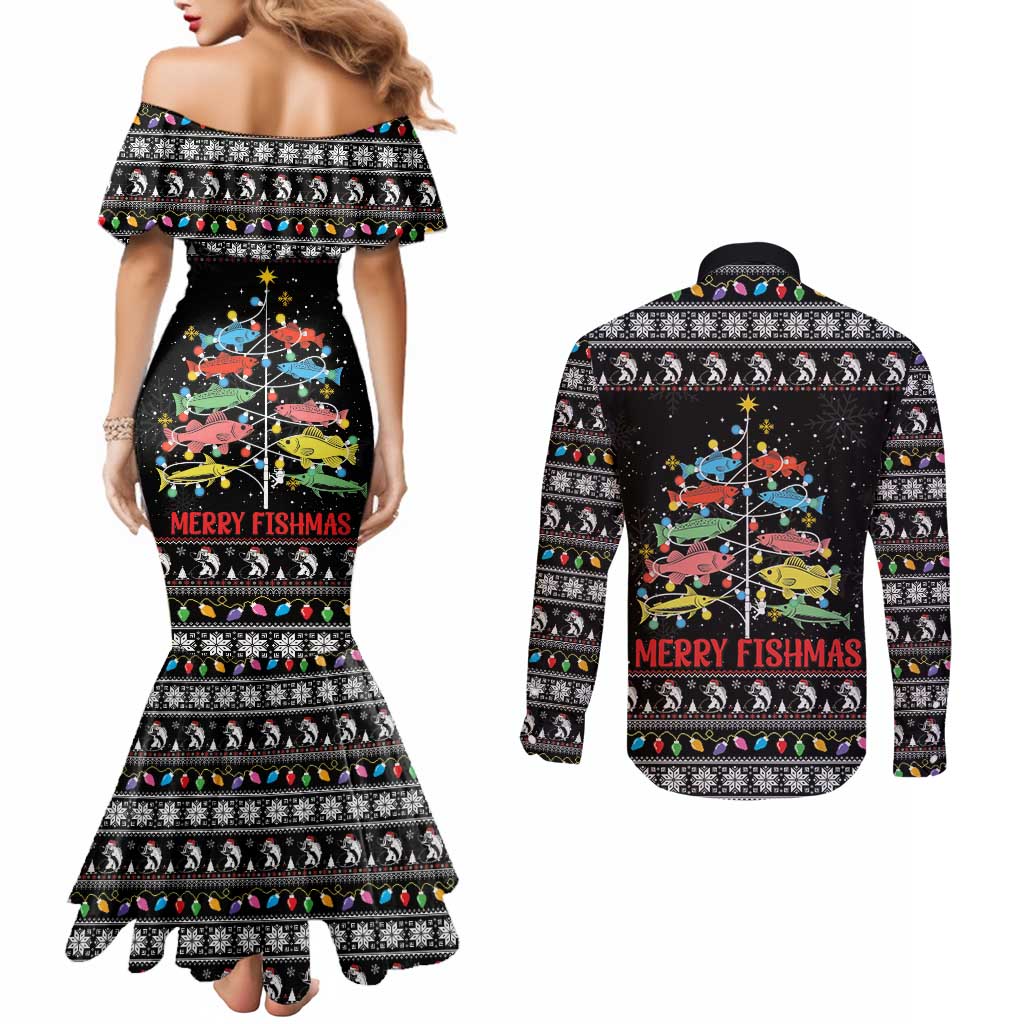 Merry Fishmas Couples Matching Mermaid Dress and Long Sleeve Button Shirt Fishing Christmas Tree Lights - Wonder Print Shop