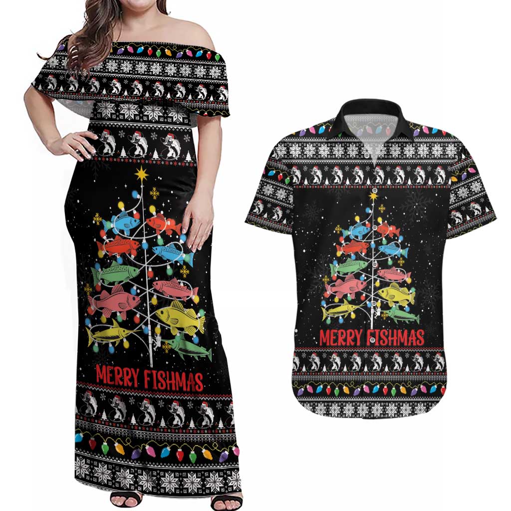 Merry Fishmas Couples Matching Off Shoulder Maxi Dress and Hawaiian Shirt Fishing Christmas Tree Lights - Wonder Print Shop
