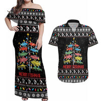 Merry Fishmas Couples Matching Off Shoulder Maxi Dress and Hawaiian Shirt Fishing Christmas Tree Lights - Wonder Print Shop
