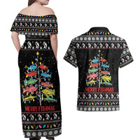 Merry Fishmas Couples Matching Off Shoulder Maxi Dress and Hawaiian Shirt Fishing Christmas Tree Lights - Wonder Print Shop