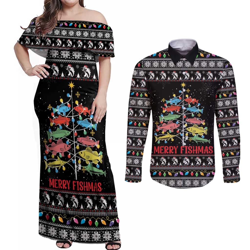 Merry Fishmas Couples Matching Off Shoulder Maxi Dress and Long Sleeve Button Shirt Fishing Christmas Tree Lights - Wonder Print Shop