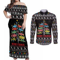 Merry Fishmas Couples Matching Off Shoulder Maxi Dress and Long Sleeve Button Shirt Fishing Christmas Tree Lights - Wonder Print Shop