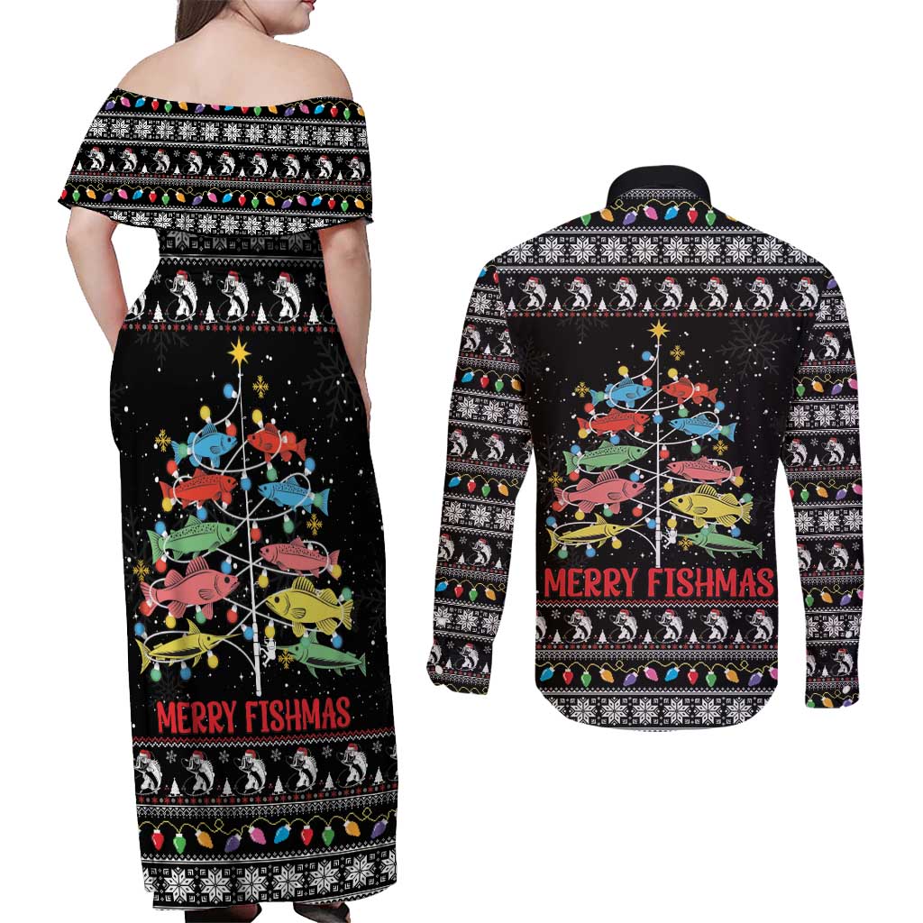 Merry Fishmas Couples Matching Off Shoulder Maxi Dress and Long Sleeve Button Shirt Fishing Christmas Tree Lights - Wonder Print Shop