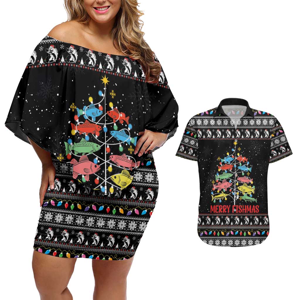 Merry Fishmas Couples Matching Off Shoulder Short Dress and Hawaiian Shirt Fishing Christmas Tree Lights - Wonder Print Shop