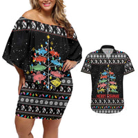 Merry Fishmas Couples Matching Off Shoulder Short Dress and Hawaiian Shirt Fishing Christmas Tree Lights - Wonder Print Shop
