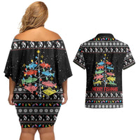Merry Fishmas Couples Matching Off Shoulder Short Dress and Hawaiian Shirt Fishing Christmas Tree Lights - Wonder Print Shop