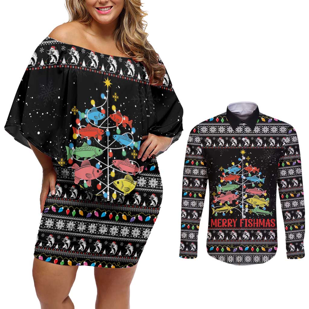 Merry Fishmas Couples Matching Off Shoulder Short Dress and Long Sleeve Button Shirt Fishing Christmas Tree Lights - Wonder Print Shop