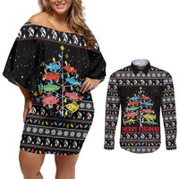 Merry Fishmas Couples Matching Off Shoulder Short Dress and Long Sleeve Button Shirt Fishing Christmas Tree Lights - Wonder Print Shop