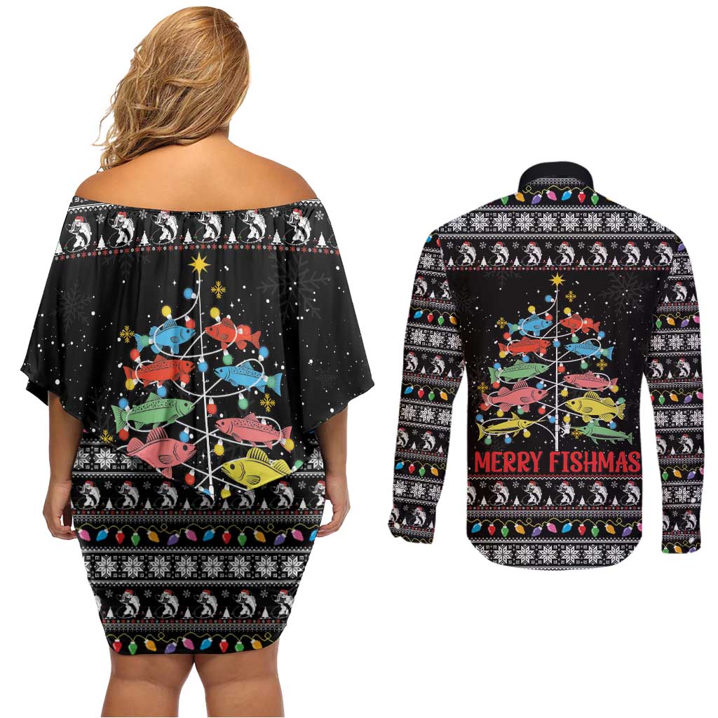 Merry Fishmas Couples Matching Off Shoulder Short Dress and Long Sleeve Button Shirt Fishing Christmas Tree Lights - Wonder Print Shop