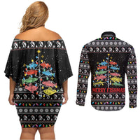 Merry Fishmas Couples Matching Off Shoulder Short Dress and Long Sleeve Button Shirt Fishing Christmas Tree Lights - Wonder Print Shop