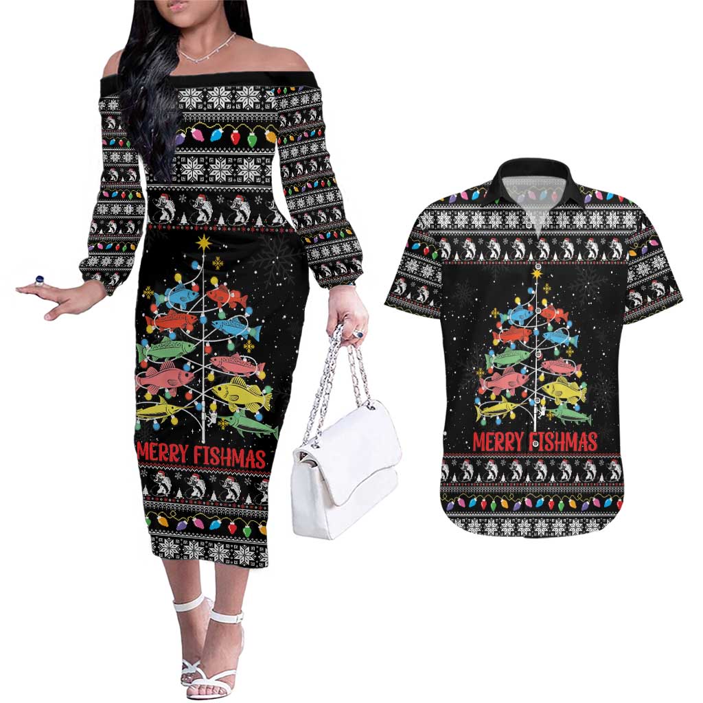 Merry Fishmas Couples Matching Off The Shoulder Long Sleeve Dress and Hawaiian Shirt Fishing Christmas Tree Lights - Wonder Print Shop