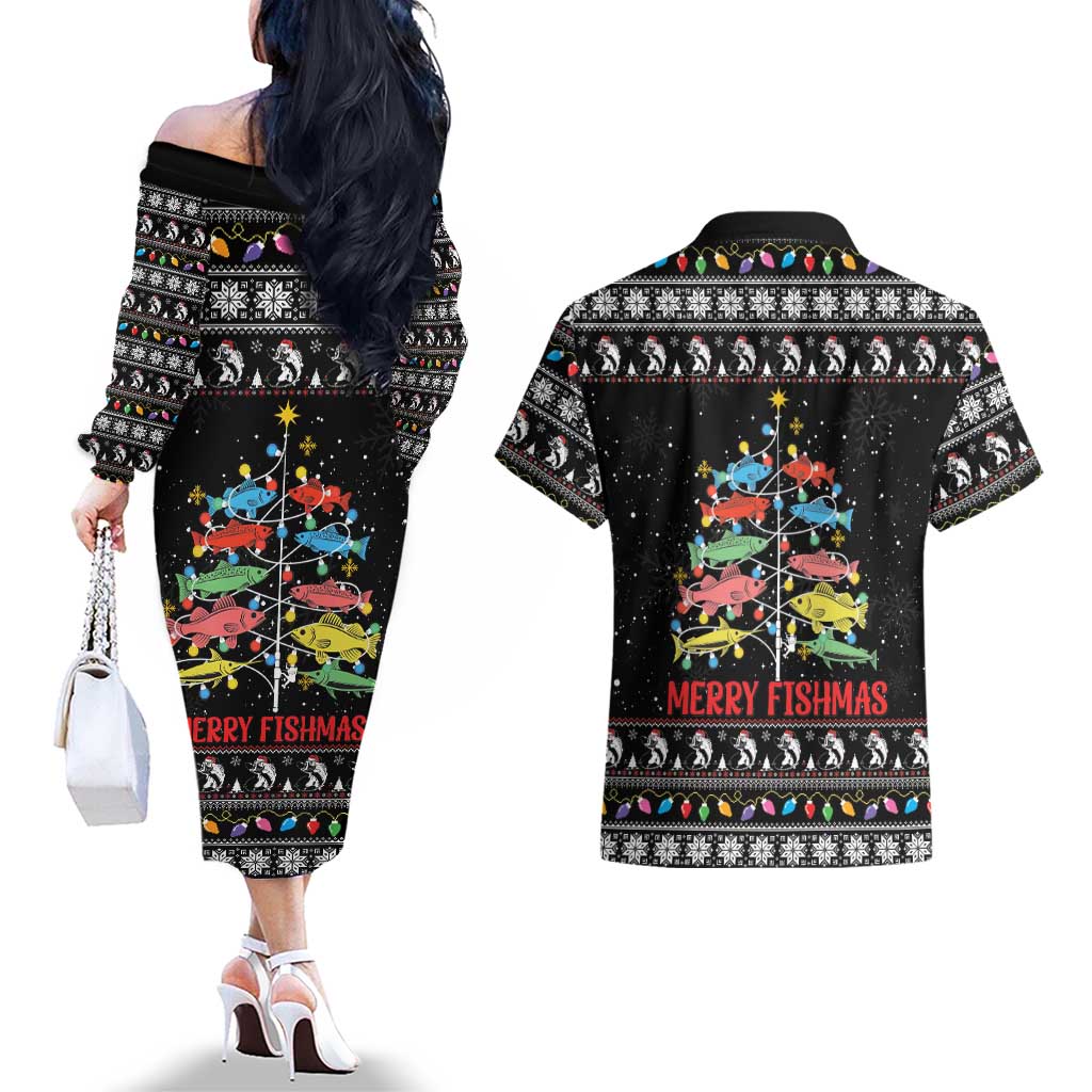 Merry Fishmas Couples Matching Off The Shoulder Long Sleeve Dress and Hawaiian Shirt Fishing Christmas Tree Lights - Wonder Print Shop