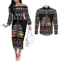 Merry Fishmas Couples Matching Off The Shoulder Long Sleeve Dress and Long Sleeve Button Shirt Fishing Christmas Tree Lights - Wonder Print Shop