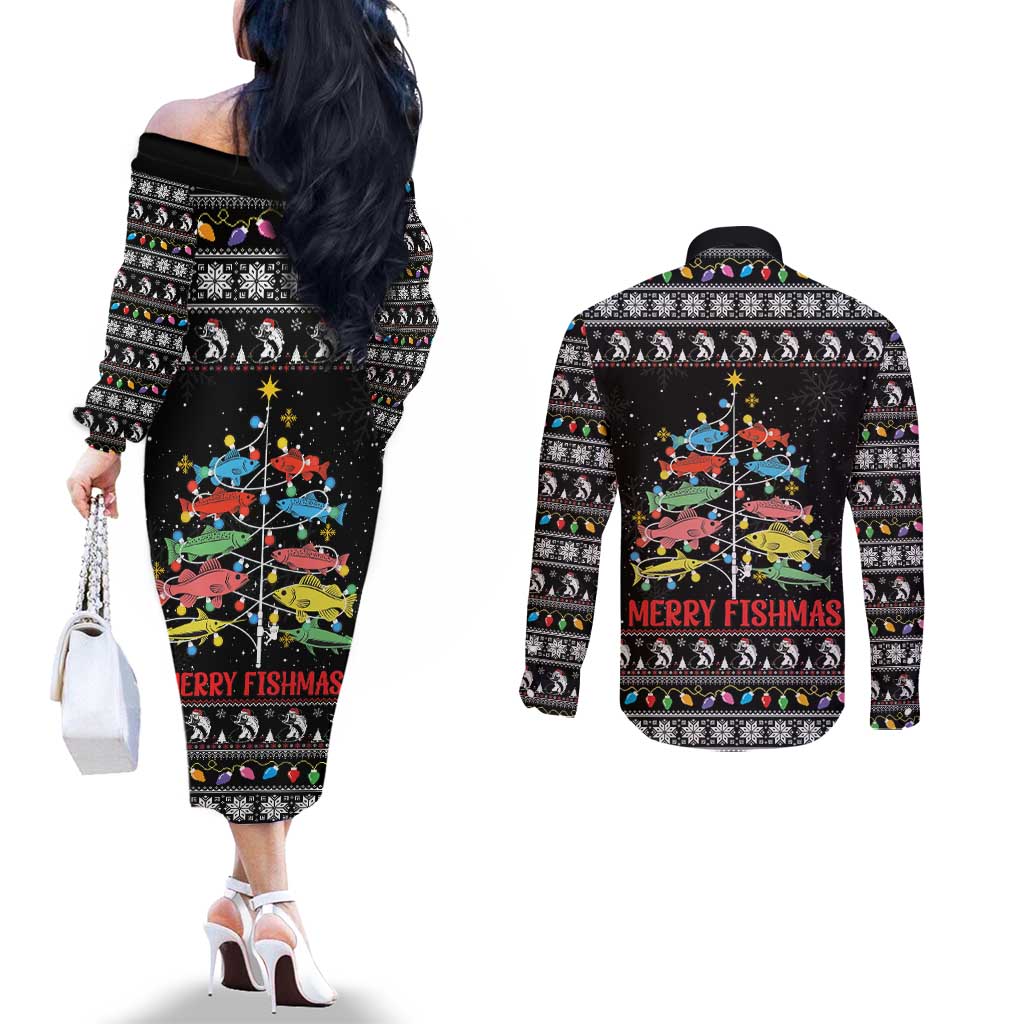 Merry Fishmas Couples Matching Off The Shoulder Long Sleeve Dress and Long Sleeve Button Shirt Fishing Christmas Tree Lights - Wonder Print Shop