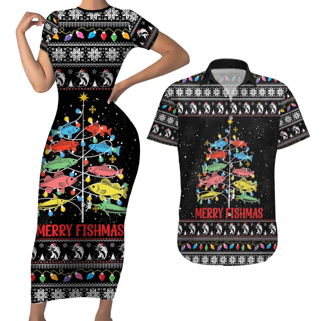 Merry Fishmas Couples Matching Short Sleeve Bodycon Dress and Hawaiian Shirt Fishing Christmas Tree Lights - Wonder Print Shop