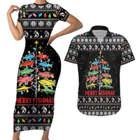 Merry Fishmas Couples Matching Short Sleeve Bodycon Dress and Hawaiian Shirt Fishing Christmas Tree Lights - Wonder Print Shop