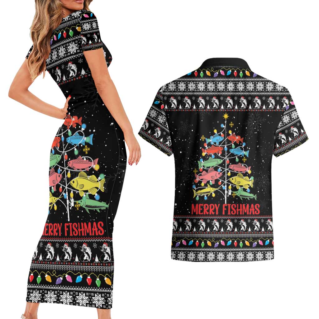 Merry Fishmas Couples Matching Short Sleeve Bodycon Dress and Hawaiian Shirt Fishing Christmas Tree Lights - Wonder Print Shop