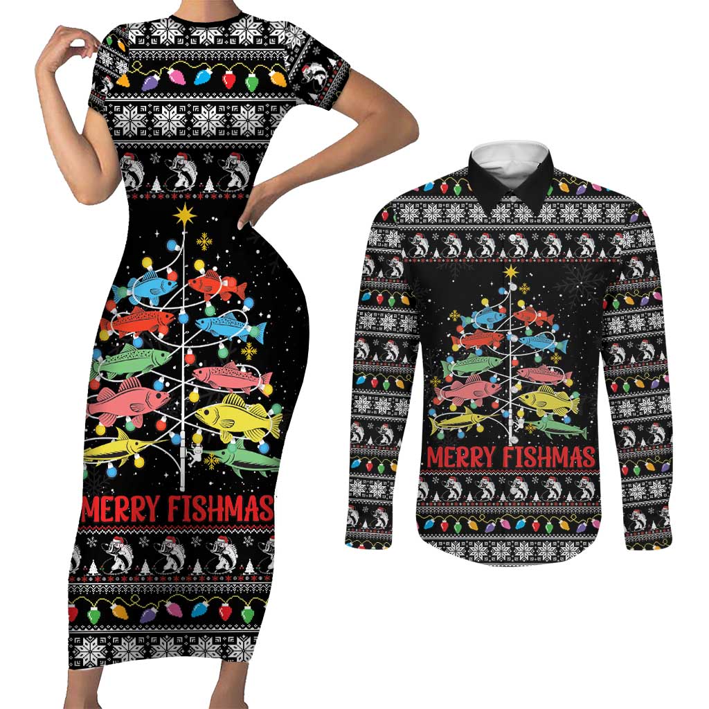 Merry Fishmas Couples Matching Short Sleeve Bodycon Dress and Long Sleeve Button Shirt Fishing Christmas Tree Lights - Wonder Print Shop