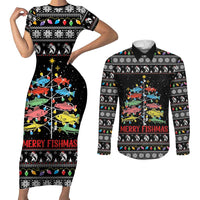 Merry Fishmas Couples Matching Short Sleeve Bodycon Dress and Long Sleeve Button Shirt Fishing Christmas Tree Lights - Wonder Print Shop