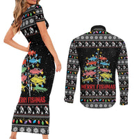 Merry Fishmas Couples Matching Short Sleeve Bodycon Dress and Long Sleeve Button Shirt Fishing Christmas Tree Lights - Wonder Print Shop