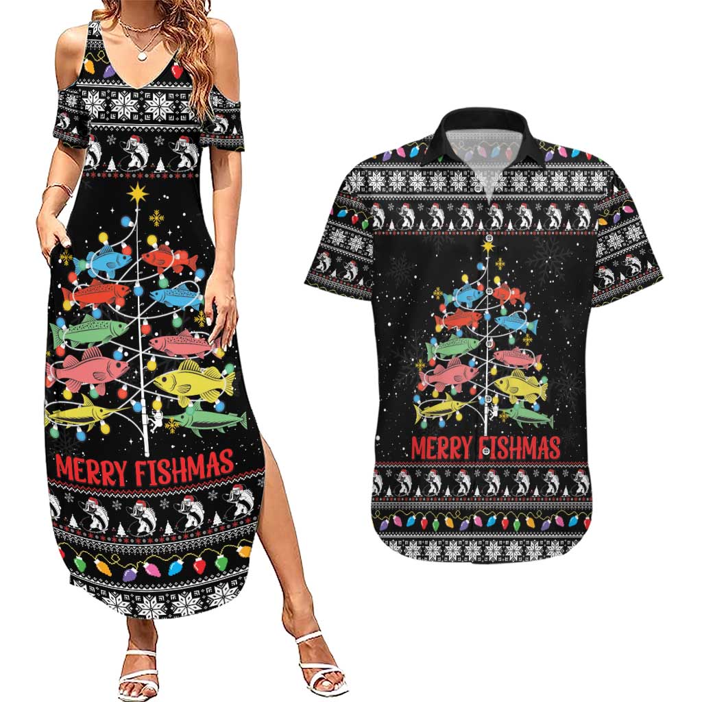 Merry Fishmas Couples Matching Summer Maxi Dress and Hawaiian Shirt Fishing Christmas Tree Lights - Wonder Print Shop