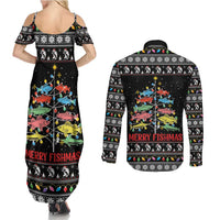 Merry Fishmas Couples Matching Summer Maxi Dress and Long Sleeve Button Shirt Fishing Christmas Tree Lights - Wonder Print Shop