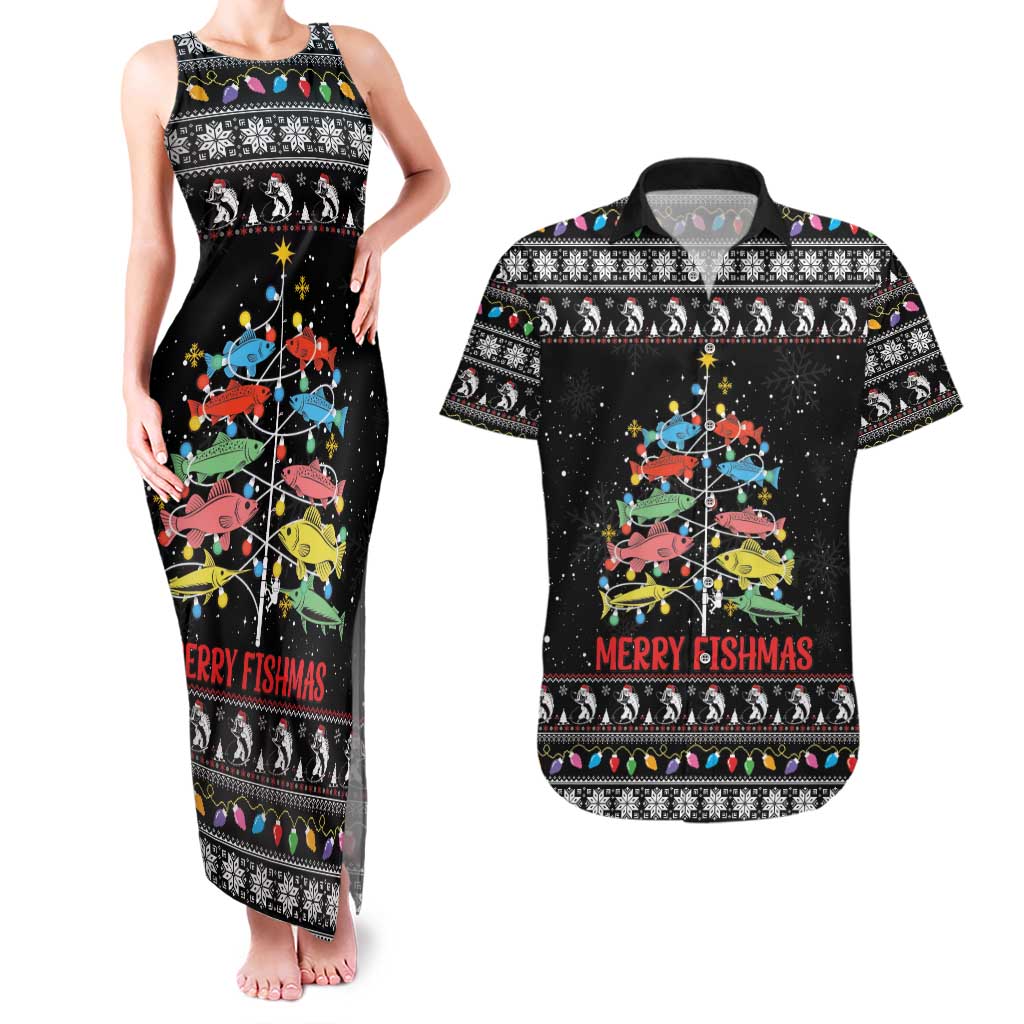 Merry Fishmas Couples Matching Tank Maxi Dress and Hawaiian Shirt Fishing Christmas Tree Lights - Wonder Print Shop