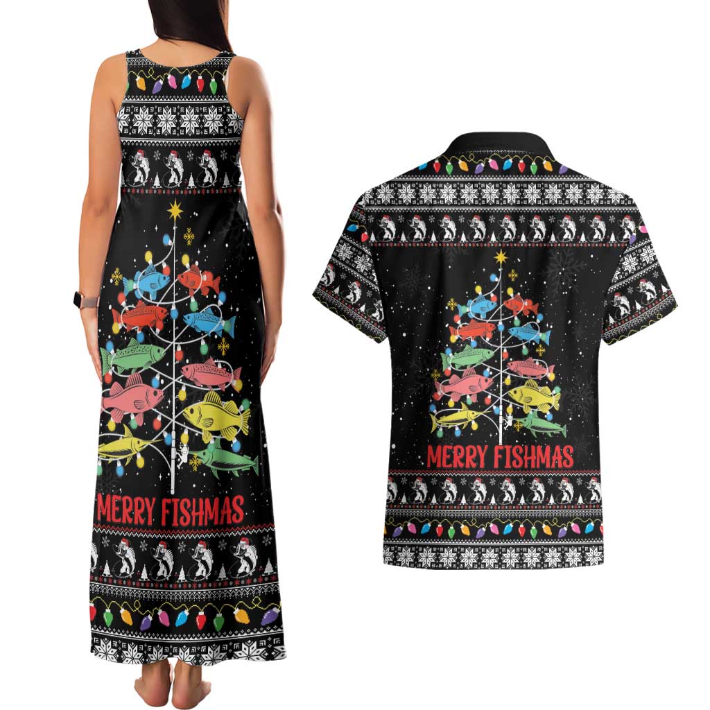 Merry Fishmas Couples Matching Tank Maxi Dress and Hawaiian Shirt Fishing Christmas Tree Lights - Wonder Print Shop