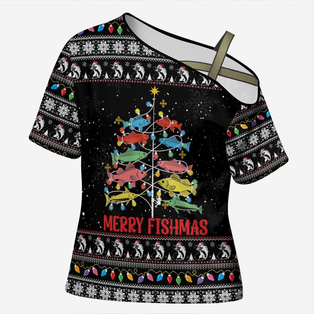 Merry Fishmas Cross Shoulder Shirt Fishing Christmas Tree Lights - Wonder Print Shop