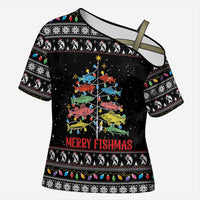 Merry Fishmas Cross Shoulder Shirt Fishing Christmas Tree Lights - Wonder Print Shop