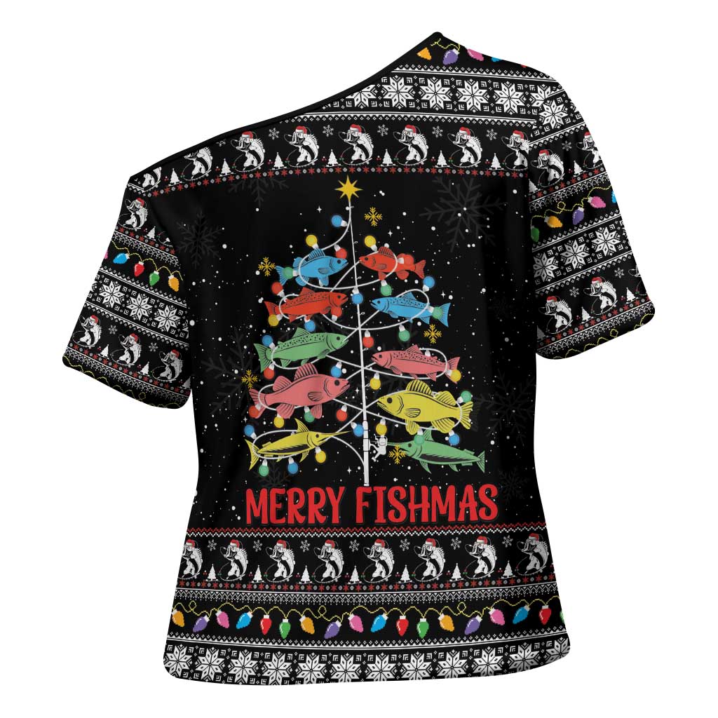 Merry Fishmas Cross Shoulder Shirt Fishing Christmas Tree Lights - Wonder Print Shop