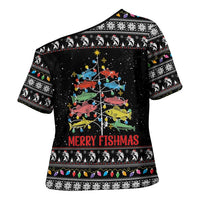 Merry Fishmas Cross Shoulder Shirt Fishing Christmas Tree Lights - Wonder Print Shop
