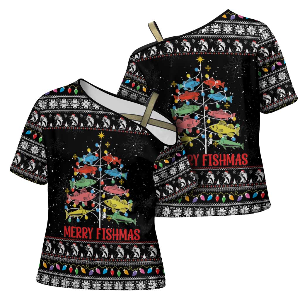 Merry Fishmas Cross Shoulder Shirt Fishing Christmas Tree Lights - Wonder Print Shop