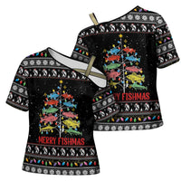 Merry Fishmas Cross Shoulder Shirt Fishing Christmas Tree Lights - Wonder Print Shop