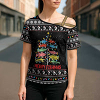 Merry Fishmas Cross Shoulder Shirt Fishing Christmas Tree Lights - Wonder Print Shop