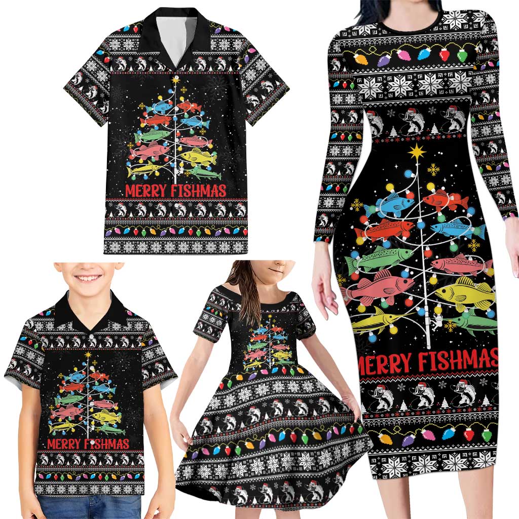Merry Fishmas Family Matching Long Sleeve Bodycon Dress and Hawaiian Shirt Fishing Christmas Tree Lights - Wonder Print Shop