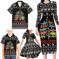 Merry Fishmas Family Matching Long Sleeve Bodycon Dress and Hawaiian Shirt Fishing Christmas Tree Lights - Wonder Print Shop