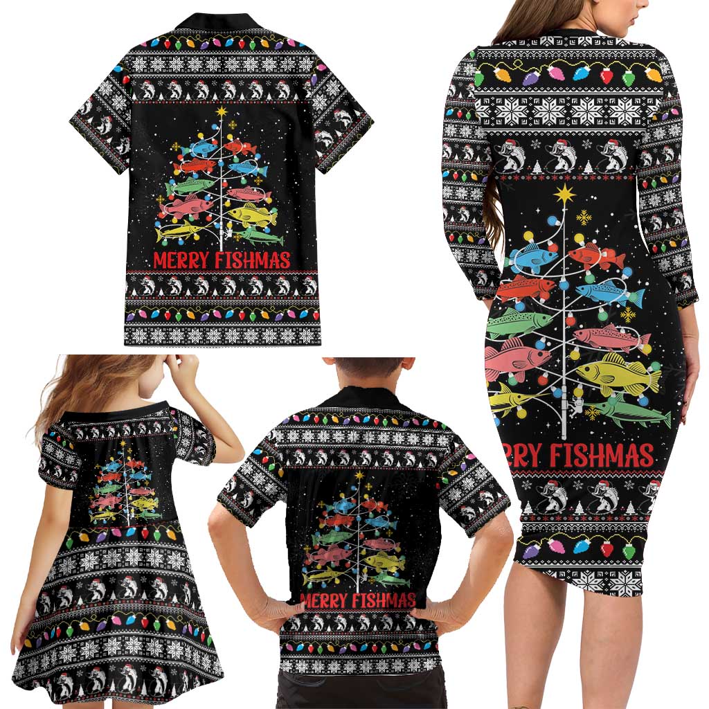 Merry Fishmas Family Matching Long Sleeve Bodycon Dress and Hawaiian Shirt Fishing Christmas Tree Lights - Wonder Print Shop