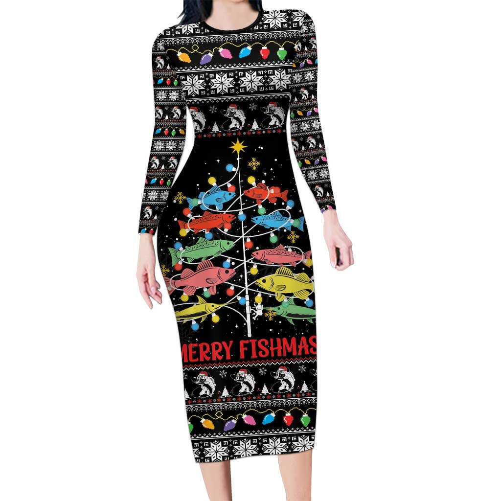 Merry Fishmas Family Matching Long Sleeve Bodycon Dress and Hawaiian Shirt Fishing Christmas Tree Lights - Wonder Print Shop